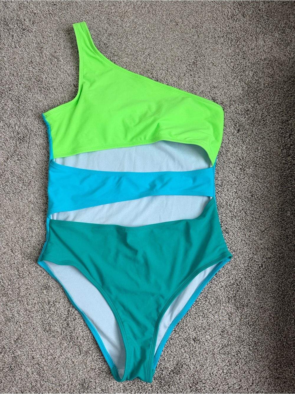 Pink Lily Neon Green, Aqua & Teal One-Shoulder One-Piece Swimsuit MEDIUM